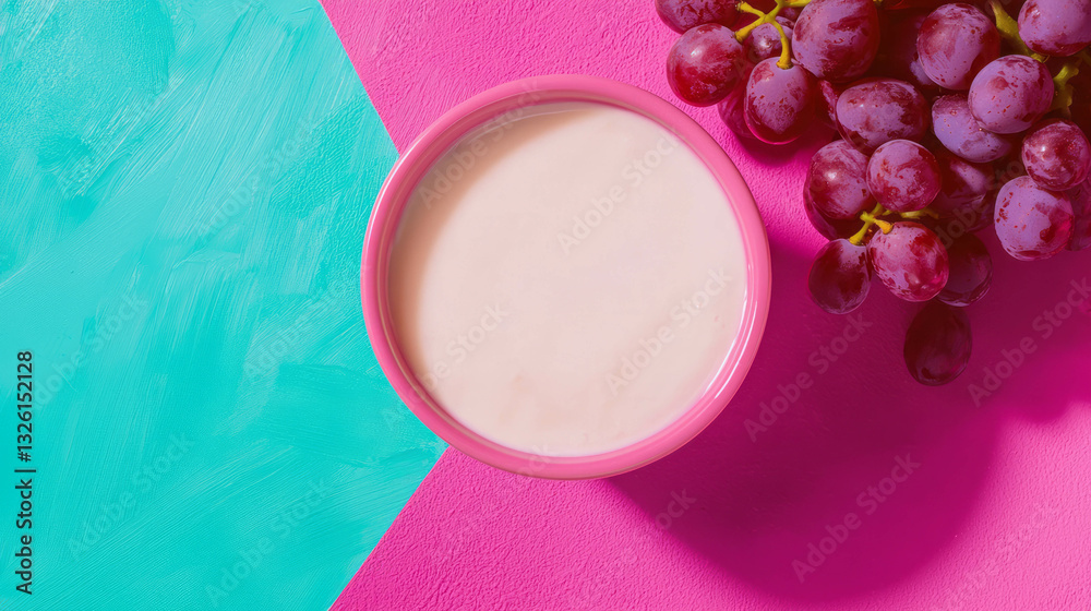 Poster overhead view of fresh grapes with yogurt on colorful background for food promotion