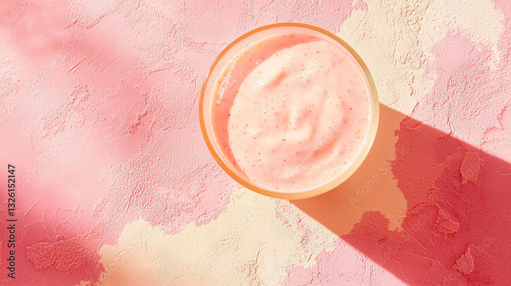 Poster overhead view of guava smoothie in a bowl on textured pink background