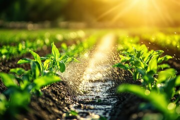Close up view of an irrigation system watering young plants during sunset in a lush field Generative AI