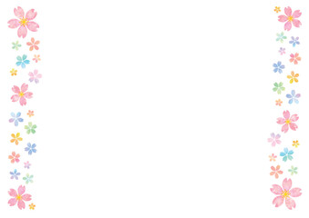 水彩風のカラフルな桜で左右を飾った白い背景-横型