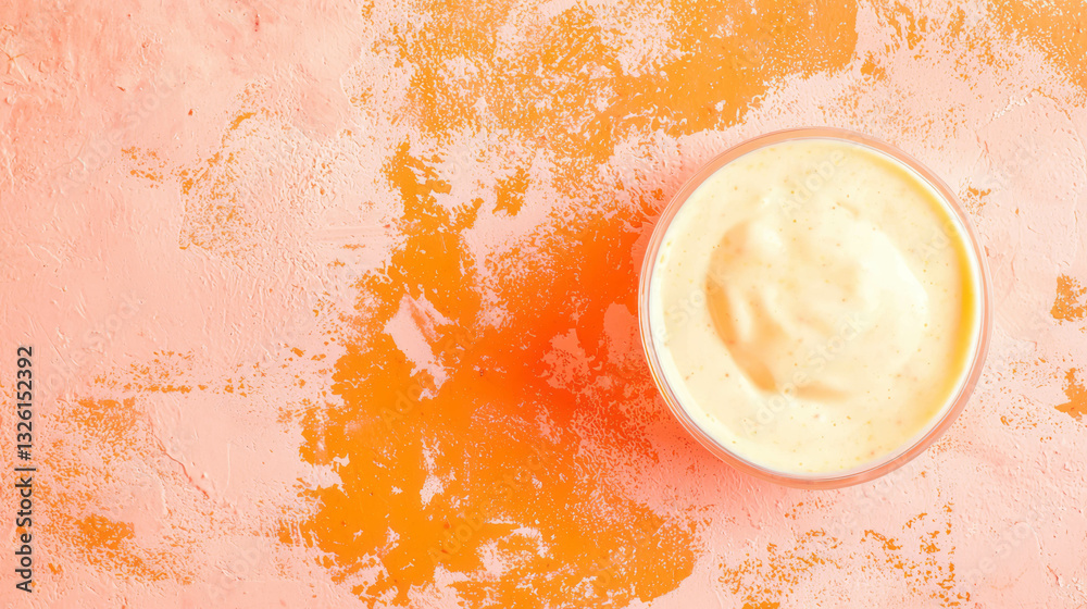 Poster overhead view of vibrant orange texture with bowl on textured surface
