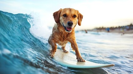 A golden retriever surfing on a wave, enjoying the ocean with a happy expression. Concept Golden Retriever Surfing, Happy Ocean Dog, Surfing Pet Adventures, Joyful Canine Experience