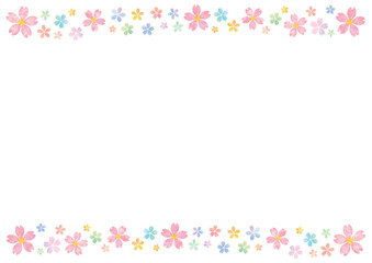 水彩風のカラフルな桜で上下を飾った白い背景-横型