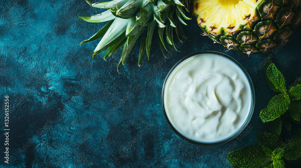 Poster overhead view of pineapple with creamy yogurt on textured blue surface