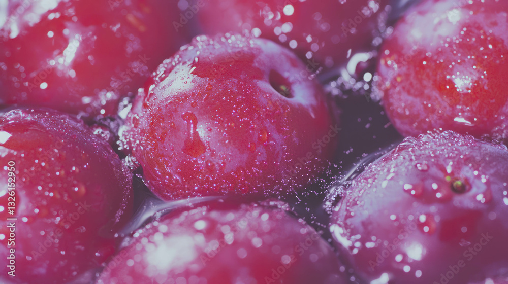 Poster fresh plums with water droplets overhead view for fruit presentation and design