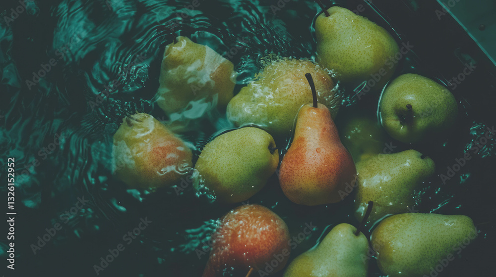 Poster Fresh pears floating on water surface with textured background for creative design