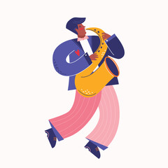 Musician plays jazz melody on a saxophone. Poster, placard and flyer templates for music festival, concert, event with musical instruments and singers. Modern vector flat colors illustration