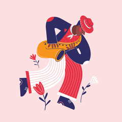 Musician plays jazz melody on a saxophone. Poster, placard and flyer templates for music festival, concert, event with musical instruments and singers. Modern vector flat colors illustration
