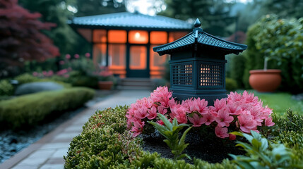 A decorative garden features a lantern and vibrant flowering shrubs