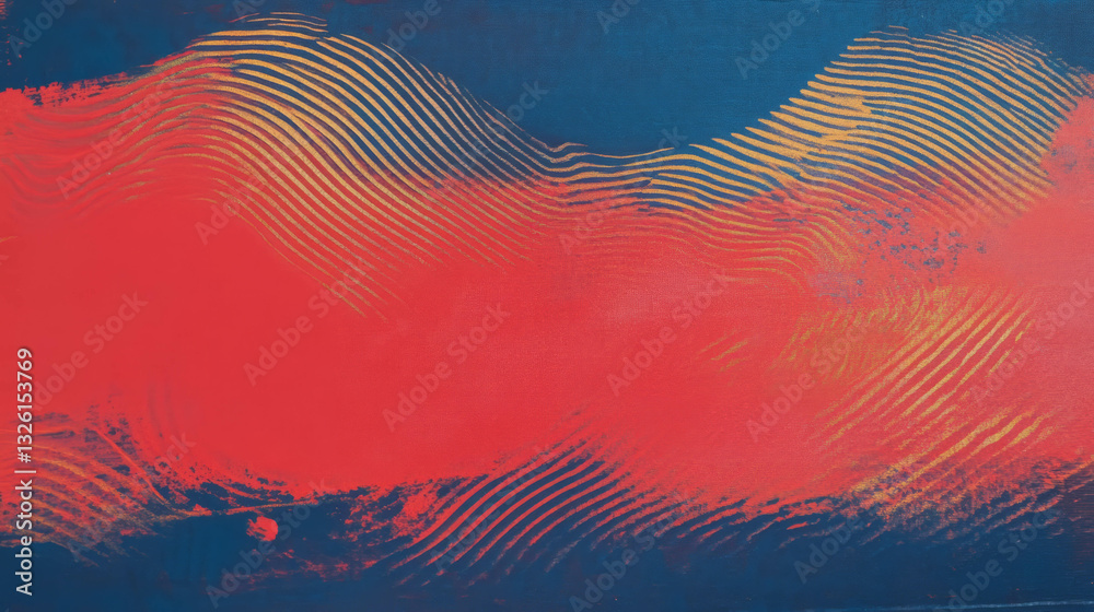 Poster abstract lo-fi printer art with embossing texture in vibrant red and blue tones