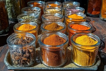 A vibrant display of assorted spices in glass jars, showcasing a rich palette of colors and textures, arranged on a decorative silver tray, for culinary use.