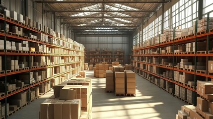 Obraz premium A warehouse filled with boxes and pallets of goods, showcasing the spacious interior design and advanced storage technology used for large-scale stockists.