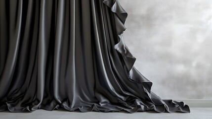 53. A soft, luxurious dark grey silk satin curtain gently cascading with ruffled edges for a refined, premium birthday celebration