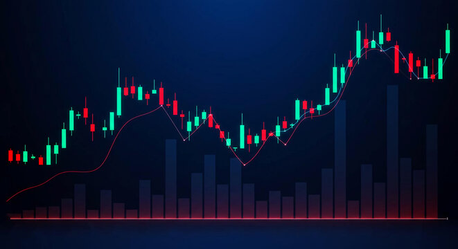 Gr&aacute;fico financiero din&aacute;mico con gr&aacute;ficos de fluctuaci&oacute;n en ne&oacute;n, l&iacute;neas de tendencia y velas rojas y verdes, con elementos brillantes sobre un fondo azul oscuro.