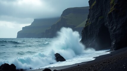A stormy coastline with massive waves crashing against towering black volcanic cliffs. The dark sky and churning sea create a dramatic, powerful scene of nature’s raw, untamed energy.