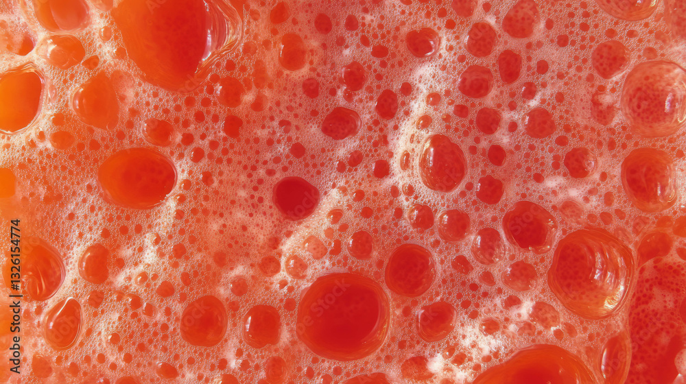 Poster Vibrant macro shot of red foam texture with bubbles for creative design