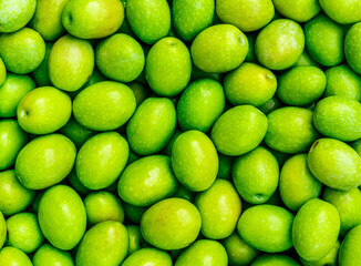 Food background of Fresh Harvested Green Olive for olive oil production pattern texture. Raw fruit for olive oil. Green backdrop of autumn season olive crop