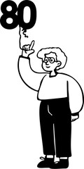 Hand Drawn Illustration of A Grandmother Holding a birthday balloon for her 80 years old