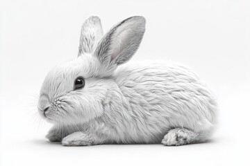 Obraz premium Side View Close-up of a Fluffy White Bunny on White Background. Cute Animal, Easter, Pet, Spring, Baby Rabbit.