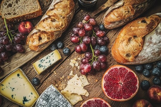 An artistic food arrangement featuring artisanal bread, cheese, grapes, and citrus fruits, creating a delectable and visually appealing display on a rustic wood surface.