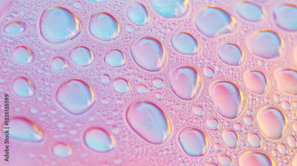Poster vivid macro close-up of colorful water droplets on reflective surface
