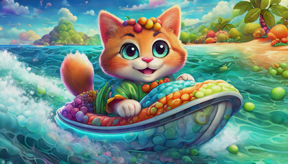 CARTOON CHARACTER CUTE a beautiful cat rides a jet ski on the beach, oil painting style