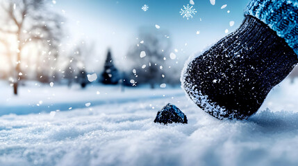 A black gloved hand steps into fresh white winter snow