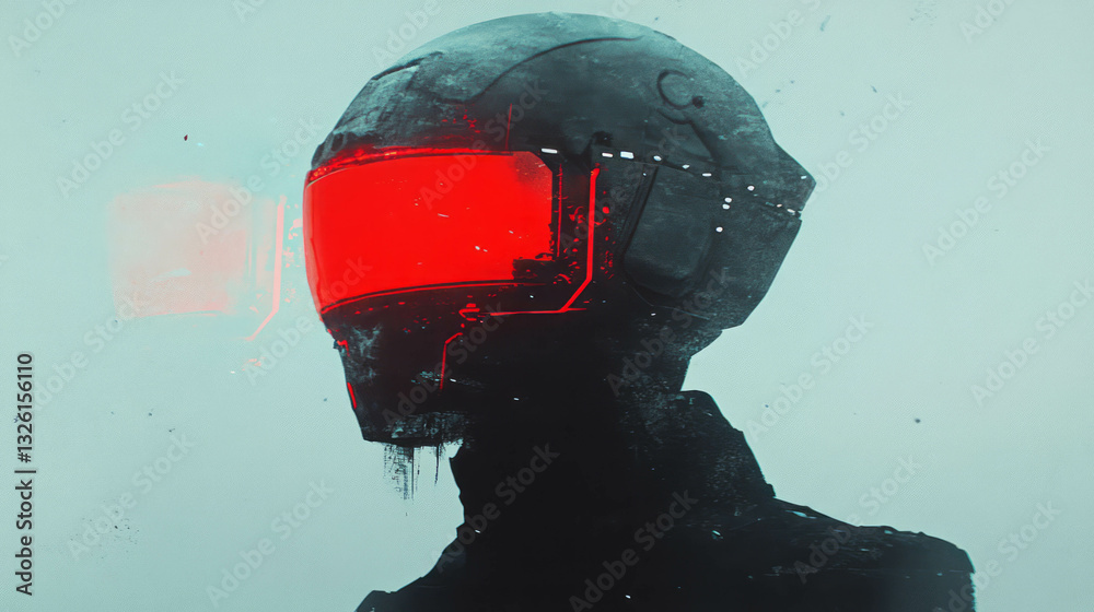 Poster minimalistic futuristic portrait of robotic figure in chaotic atmosphere