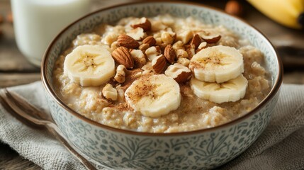 Fototapeta premium a warm and cozy bowl of oatmeal with sliced bananas, chopped nuts, and a sprinkle of cinnamon. The bowl has a cute animal design, making it appealing to kids. 