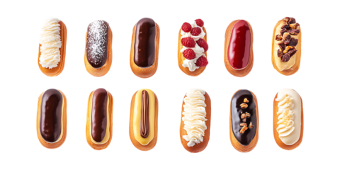 Twelve assorted gourmet eclairs with various toppings presented in a grid for pastry shop advertising or menu design.