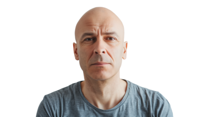 bald man smiling happily and confident, positive on transparent