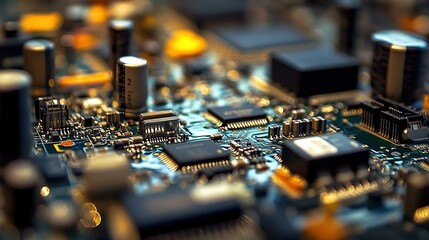  Close-up of an electronic circuit board with various components and devices, such as wires, LEDs, crystals, and battery parts.