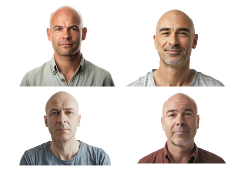 Set of bald men smiling happily and confident, positive on transparent