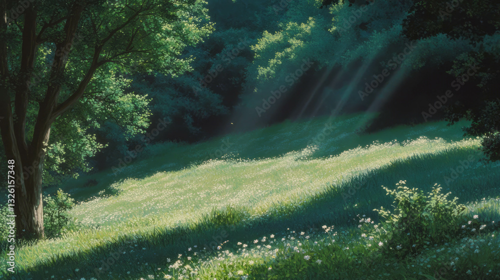 Poster serene forest scene with speckled sunlight filtering through lush green trees