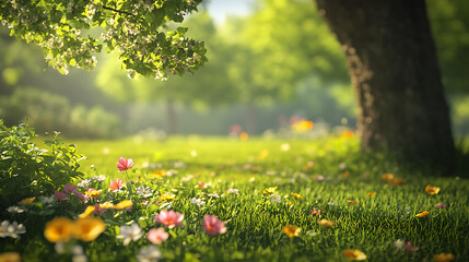 Fototapeta premium Beautiful spring landscape with blooming meadow and blossoming trees