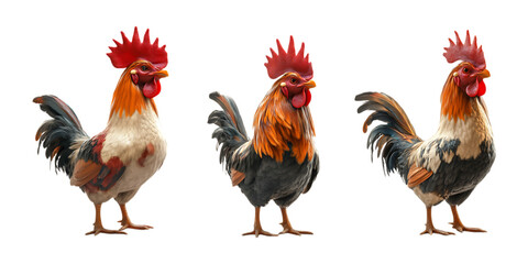 Fototapeta premium Three roosters standing proudly presenting farm life imagery suitable for poultry industry promotion or rustic branding.