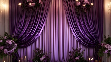 59. A stunning purple silk satin curtain, shimmering with light and gently flowing, creating a luxurious, elegant setting for Valentine's Day
