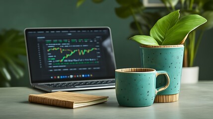 Laptop Screen Displays Stock Market Data Beside Coffee Cups