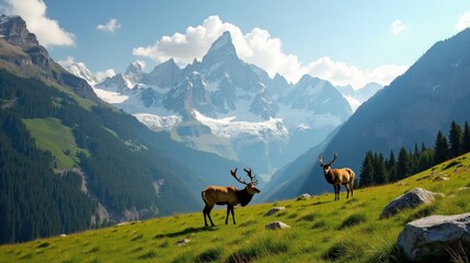 A peaceful alpine meadow where graceful deer graze, framed by towering, snow-capped peaks, bathed in soft golden sunlight under a vast blue sky.