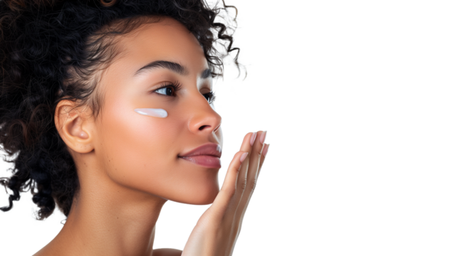 Close up beauty portrait of a beautiful woman applying face cream and looking away isolated over transparent background - Powered by Adobe