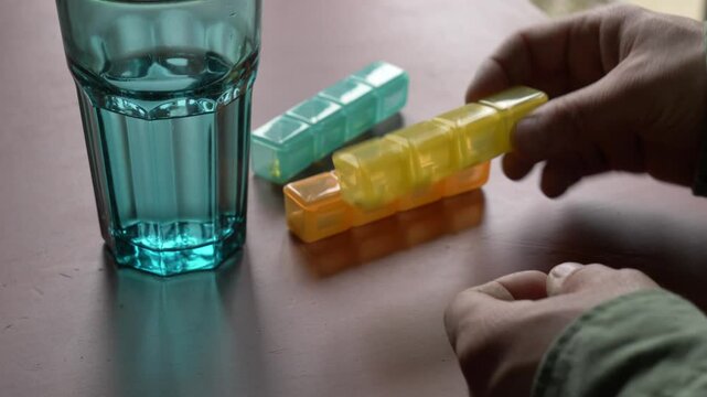 man drinks pills and vitamins with minerals, takes from sorter