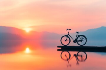 Obraz premium A serene lakeside scene with a bike resting against a wooden bench, reflecting in the calm water under a soft evening glow