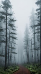 Fototapeta premium Misty forest with tall pine trees and green moss, foggy woodland landscape with narrow dirt path in soft diffused light