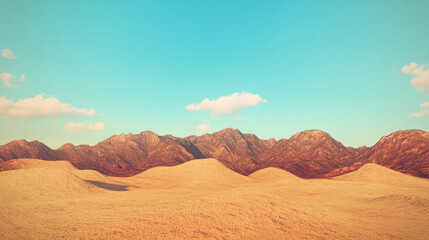 Naklejka premium Serene desert landscape with rolling dunes and rugged mountains under blue sky