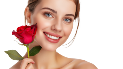 Beauty and flower. Happy smilig woman with spring flower. Beauty portrait of young beautiful sexy woman with red rose flower on transparent