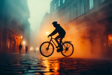 Obraz premium A shadowy figure riding a bike on a foggy cobblestone street, illuminated by the faint glow of a gas lamp