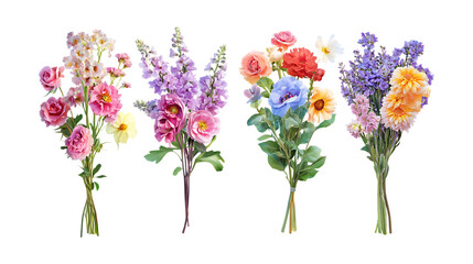 PNG Bouquet Set in Different Poses on Transparent Background for Floral Design, Wedding Decor, or Romantic Illustration