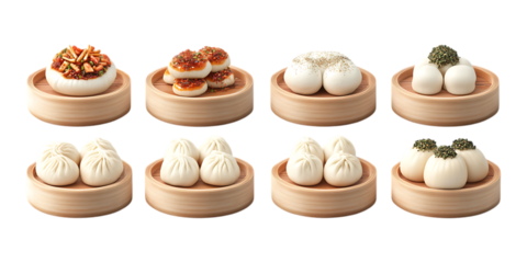 Pack Bao Buns Set in Different Poses Against Transparent Background for Asian Cuisine Illustration, Food Branding, or Culinary Design