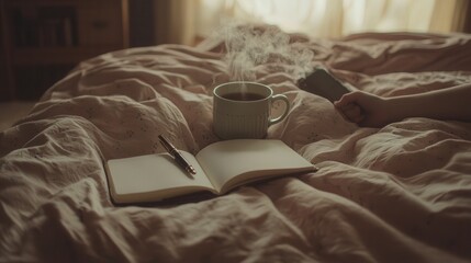Cozy Morning Steam From Tea Open Notebook and Pen on Bed