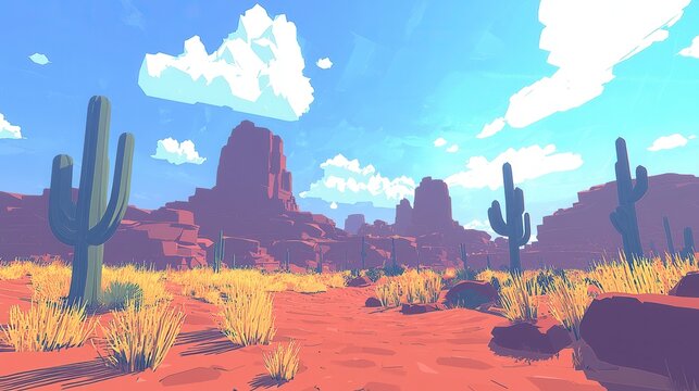 Arid Landscape Low Poly Desert Scene with Cacti